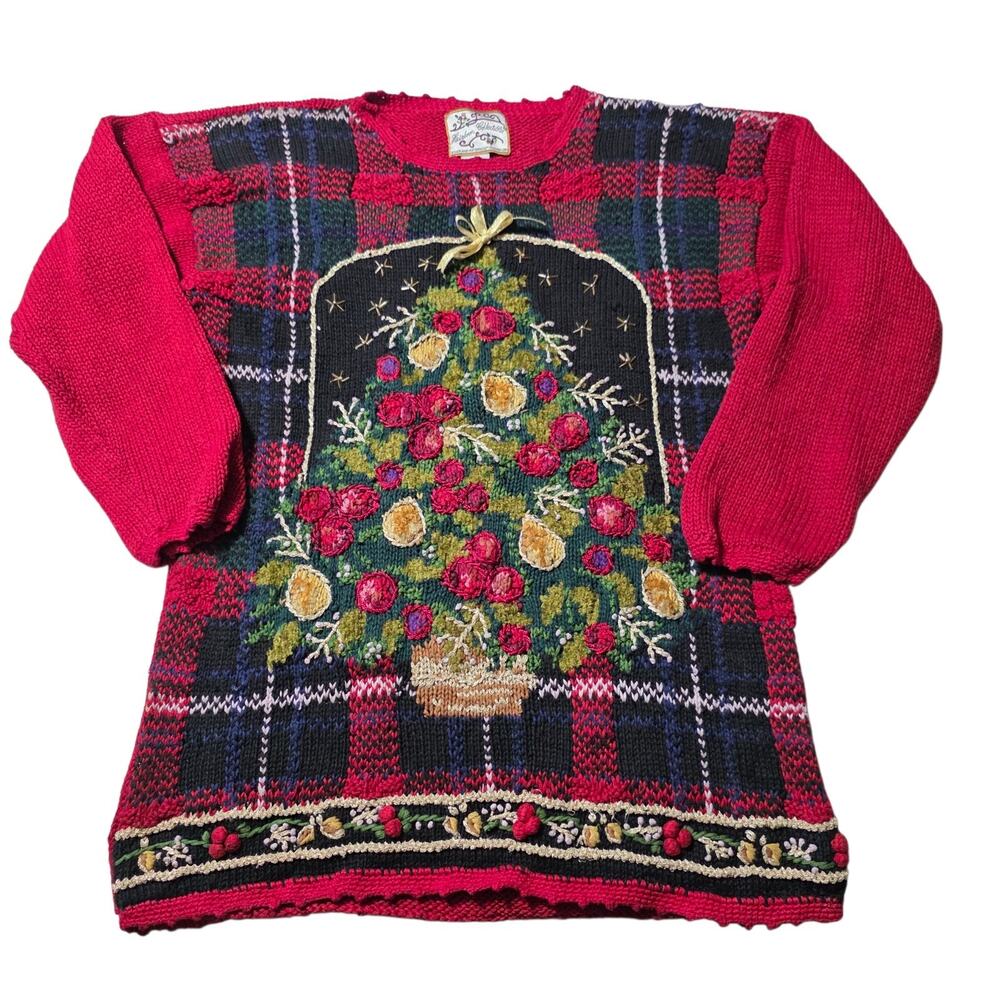 Vintage Heirloom Collectibles 1991 Christmas Tree Sweater Tartan Knit Medium
